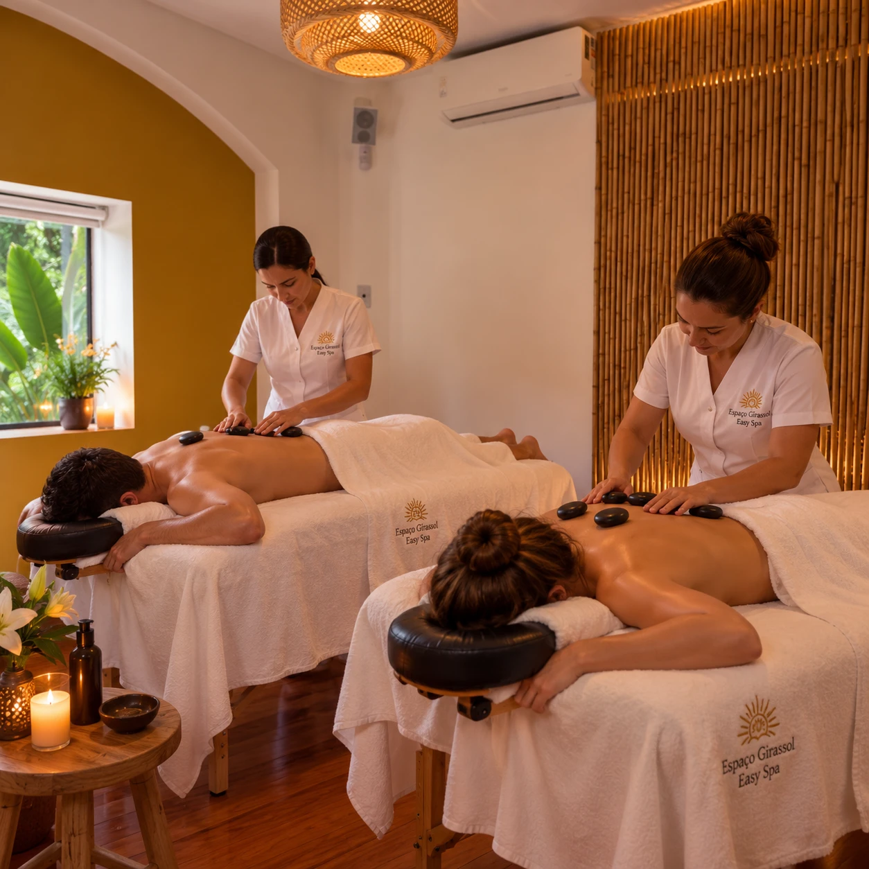 Massagem Relaxante + Pés e Pernas com Cortesia de Pedras Quentes para Casal – 1h40 min